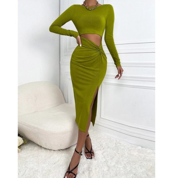 Cut Out Twist Front Slit Thigh Bodycon Lime Green Dress - Picture 5 of 6